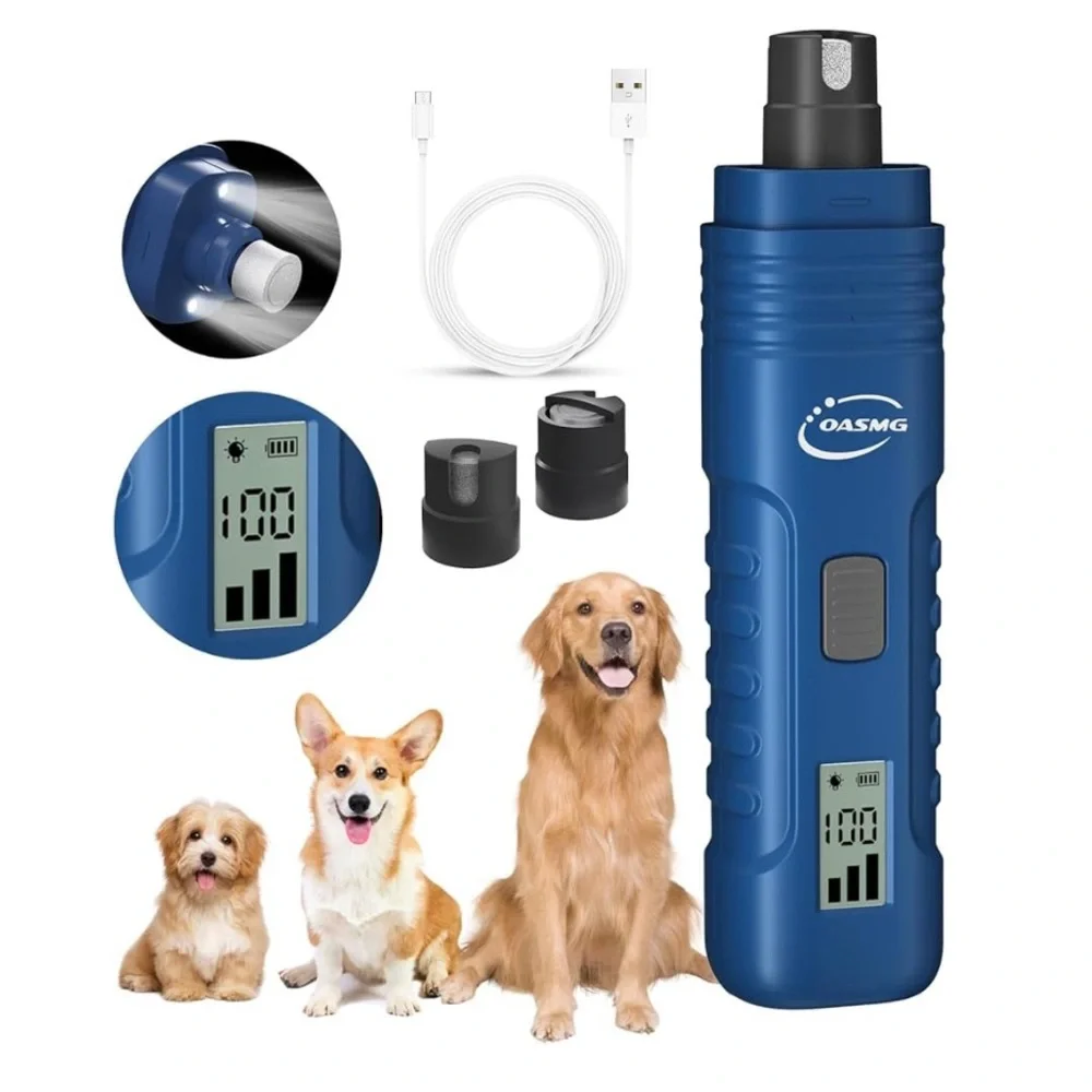 Professional 3-Speed Dog Nail Trimmers - Rechargeable with LED Lights (Blue)